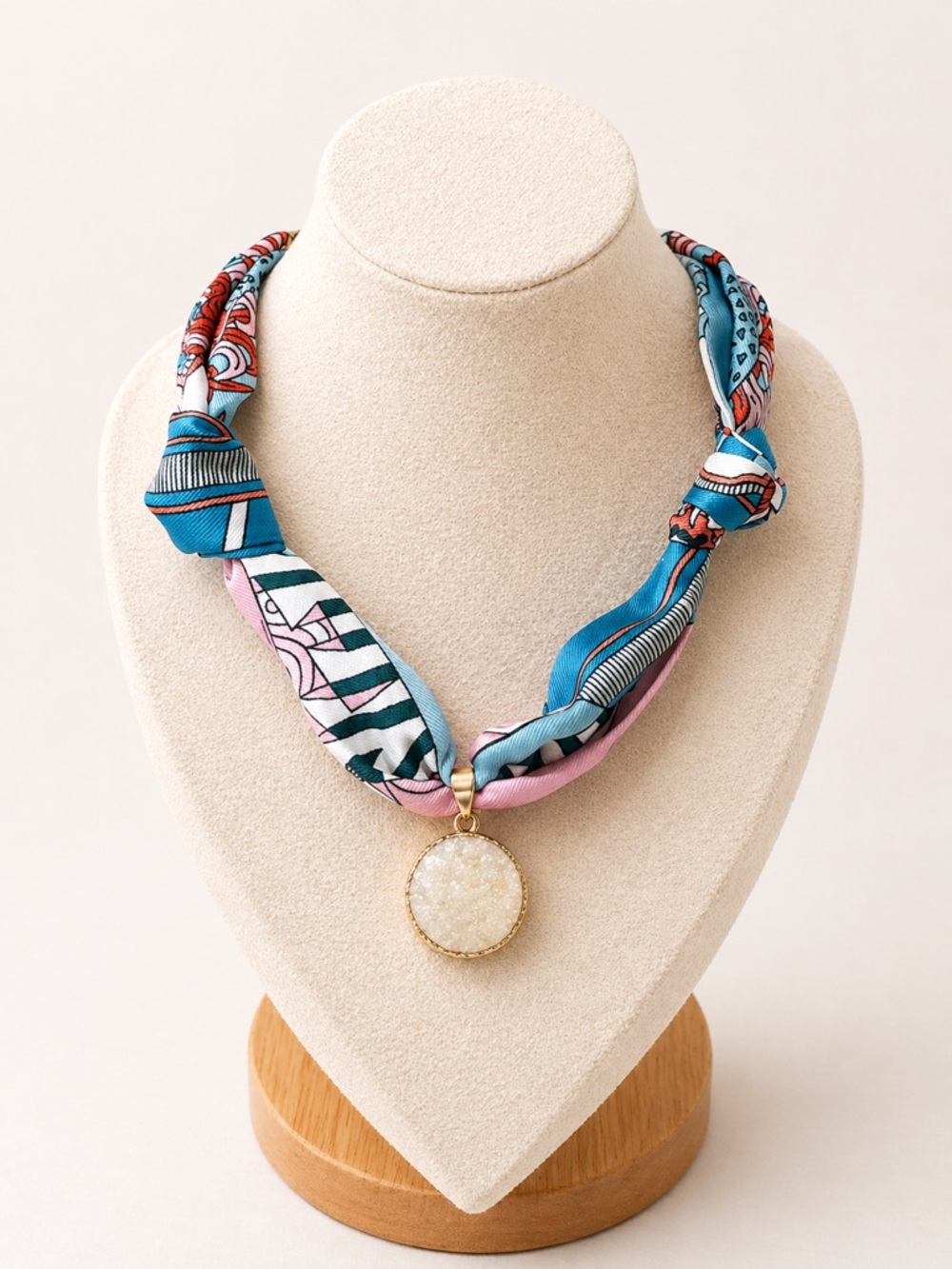 Turquoise & Pink Scarf Necklace with White Druzy Pendant